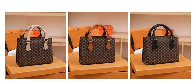 Simples Market square top-handle bag in brown plaid PU leather; three color variants with white, tan, or black handles.