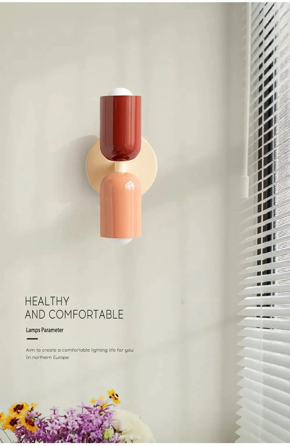 Nordic LED wall lamp, dual-head cream fixture with red and peach shade cylinders