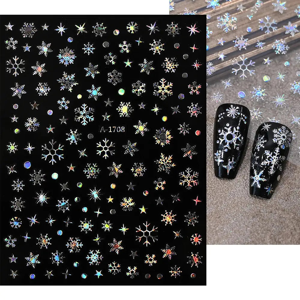Winter nail sticker sheet with holographic snowflakes and stars for self-adhesive nail art