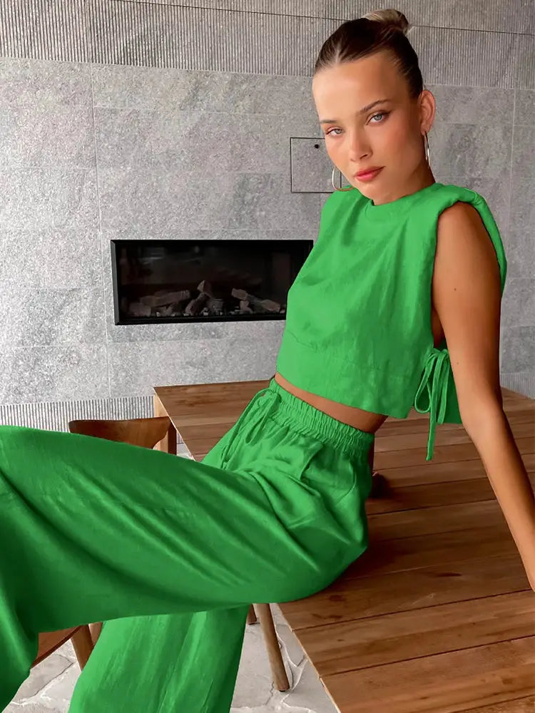 Linen Two Piece Pant Set With Crop Top For Women Spring Summer 2025