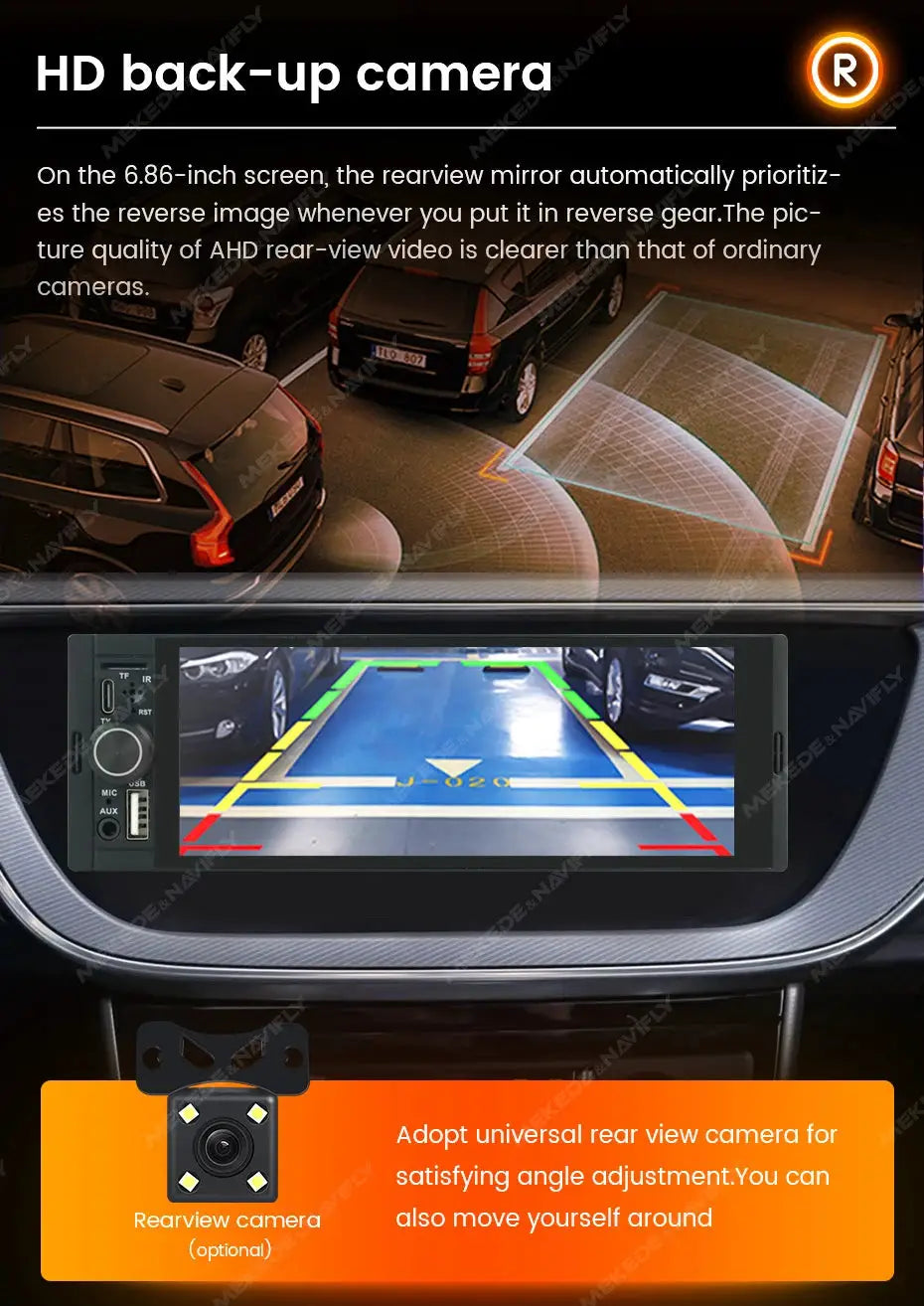 Simples Market NaviFly OD8 6.86-inch 1-DIN MP5 car radio with wireless CarPlay/Android Auto, rear-view camera display