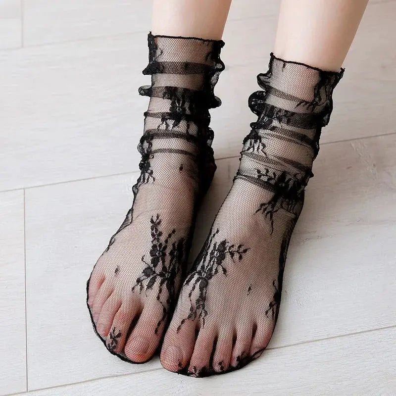 Harajuku Transparent Floral Lace Socks For Women Breathable Mesh All Day Comfort Elastane Nylon