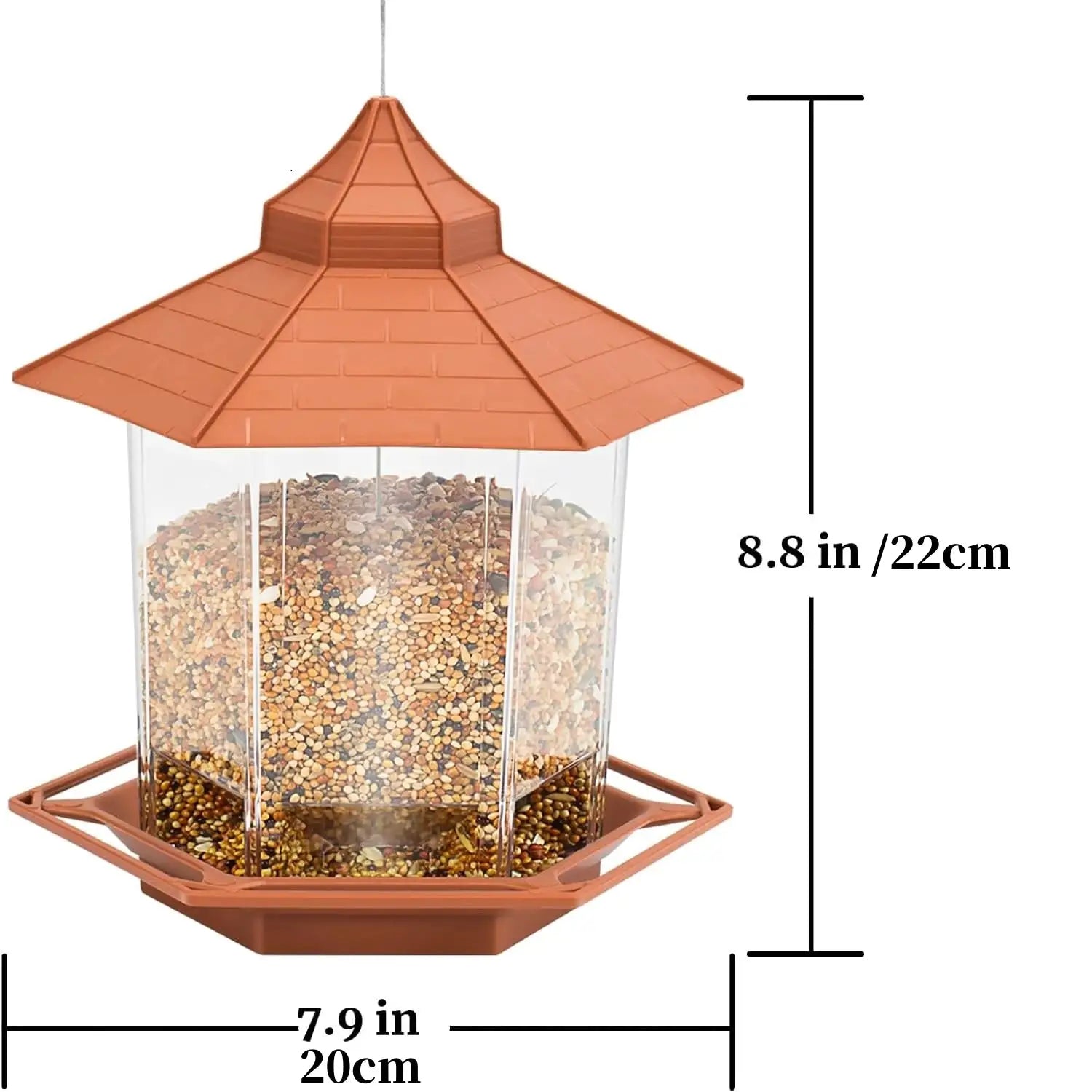 Automatic hanging bird feeder with orange roof and clear plastic seed container