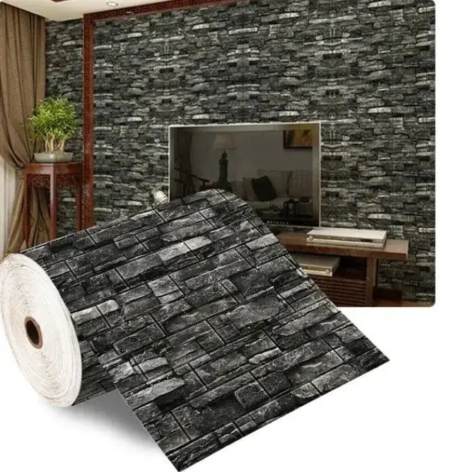 3D self-adhesive brick wallpaper roll in dark gray; Simples Market wall sticker for living room and bedroom