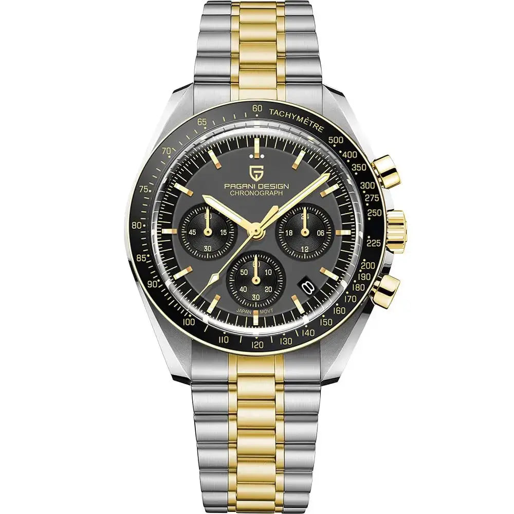 Pagani Design men's two-tone chronograph watch with black dial and gold accents on stainless steel bracelet
