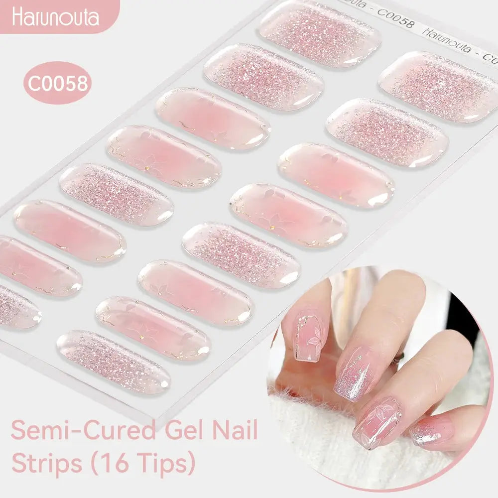 Harunouta gradient auroras semi-cured gel nail strips, pink glitter tips, 16-count set for UV/LED lamps