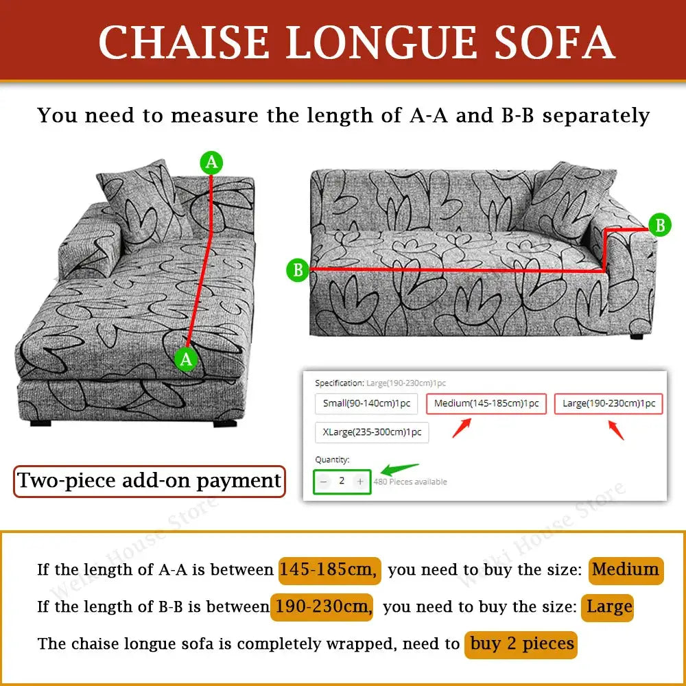 Stretch printed sofa slipcover for L-shape corner sofa, gray leaf pattern, 2-piece set