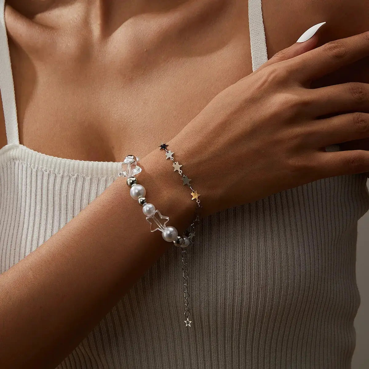 Double Layer Pearl Beaded Bracelet Inspired By Little Red Book Trend Star Shaped Jewelry Elegant Strand Wristband