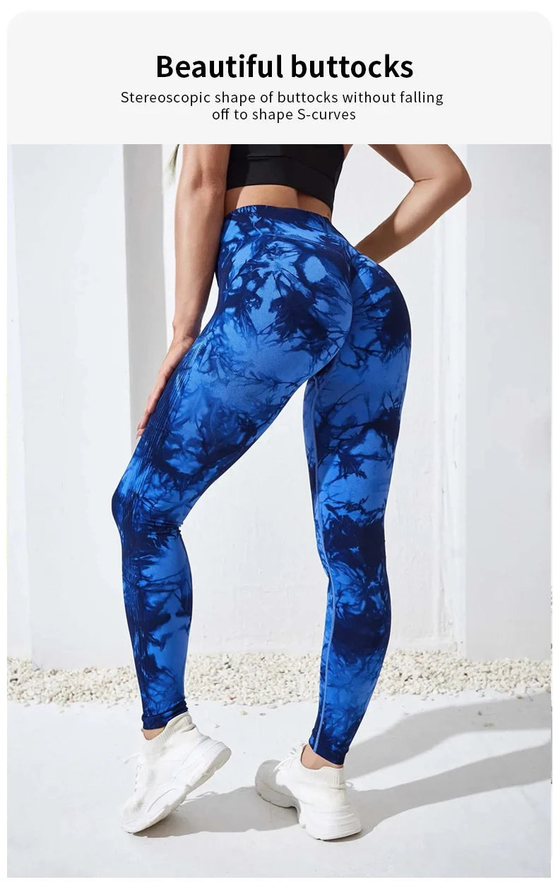 Women's tie-dye high-waist leggings, blue pattern, soft stretchy yoga pants