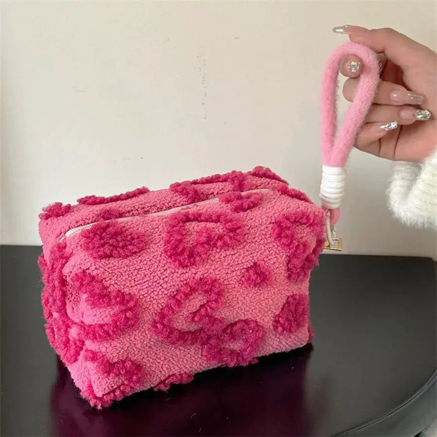 Plush Makeup Bags With Handle Portable Travel Cosmetic Storage Organizer Love Print