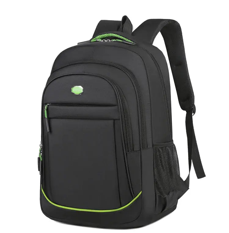 Backpack by Simples Market, black large-capacity bag with neon green accents for travel, school, and work.