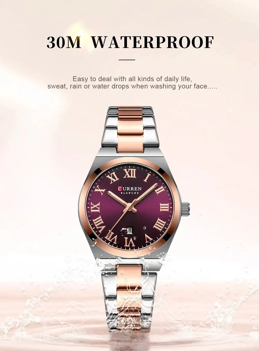 CURREN women's wristwatch with purple dial, rose-gold bezel, two-tone stainless steel band
