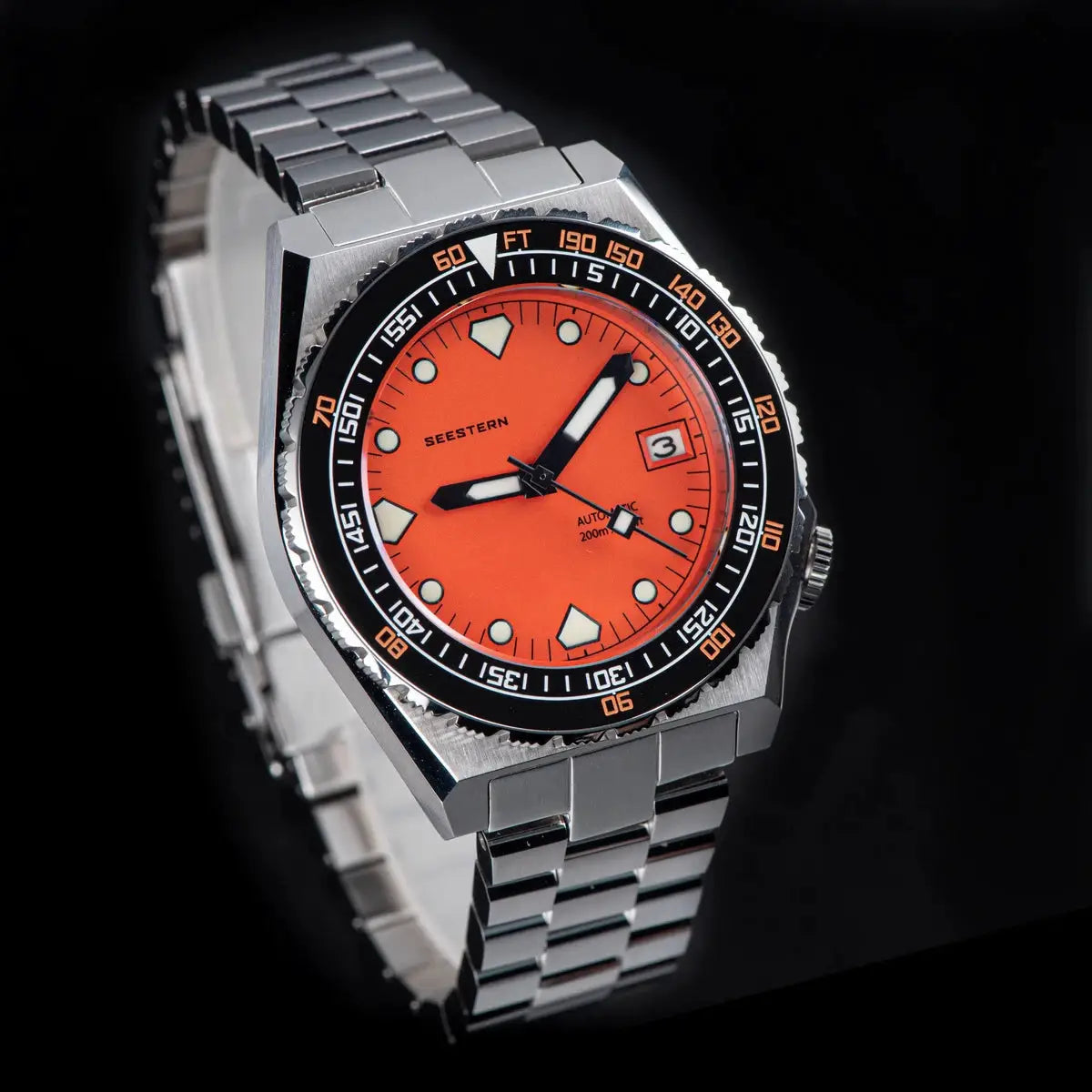 Seestern SUB600T V3 men's diver watch with orange dial, stainless steel bracelet, ceramic bezel