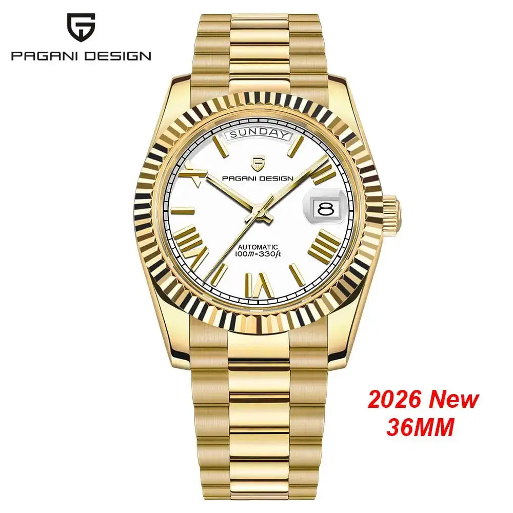 Pagani Design men's gold-tone automatic wristwatch with white dial, date window, AR sapphire glass