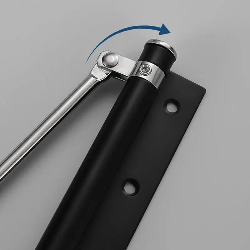 Automatic door closer by Simples Market; lightweight stainless steel with screws, black housing and chrome arm.
