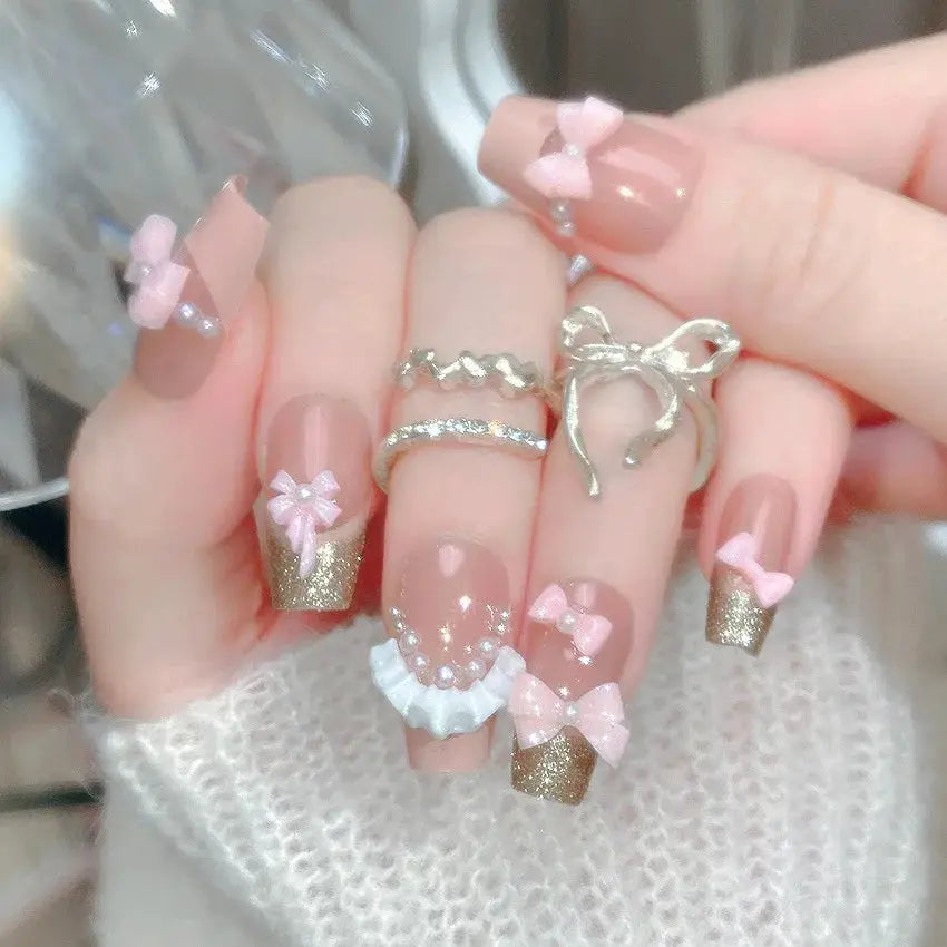 LuxeNail Blush Pink False Nails Bowknot Diamond Pearl Design Press On Nail Tips Harmless Smooth Edge Safe DIY Mani