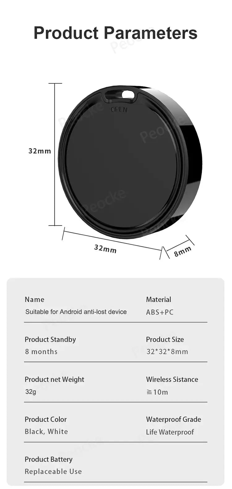 Bluetooth GPS tracker tag for Android, black ABS+PC, 32mm diameter, Simples Market