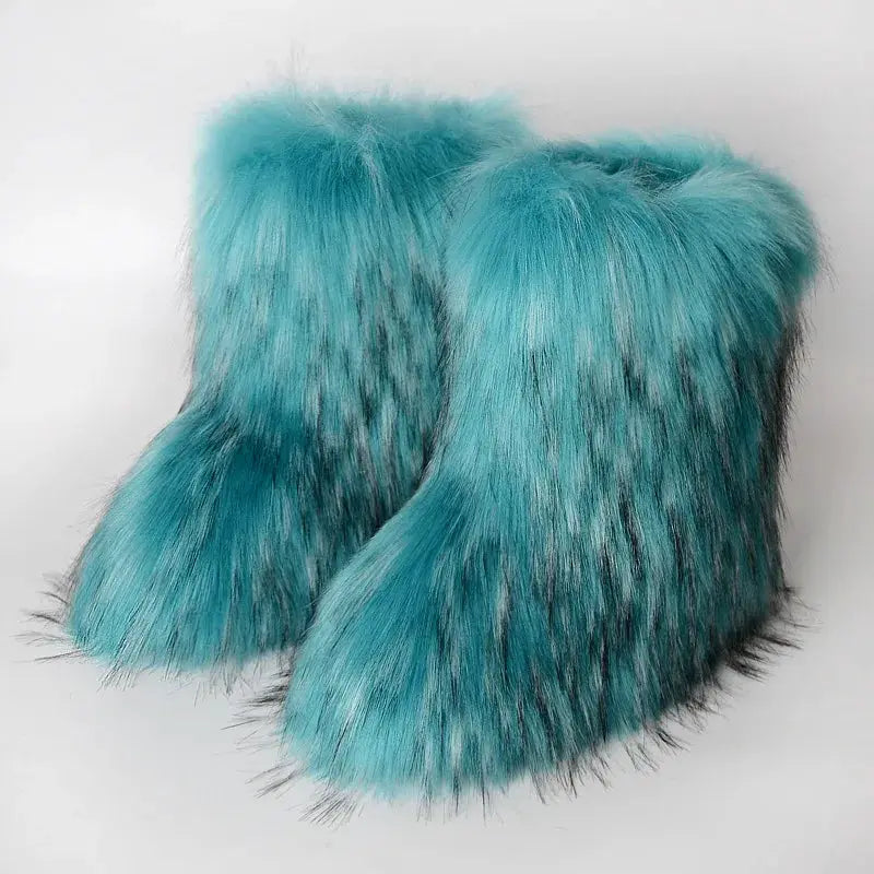 Women's Winter Snow Boots With Plush Faux Fox Fur Mid Calf Warm Platform Shoes For Cold Weather Outdoor