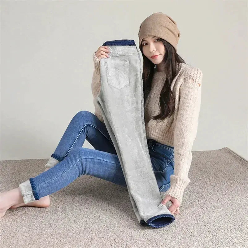 Women Thermal Skinny Jeans With Plush Lining Warm Winter Denim Pants