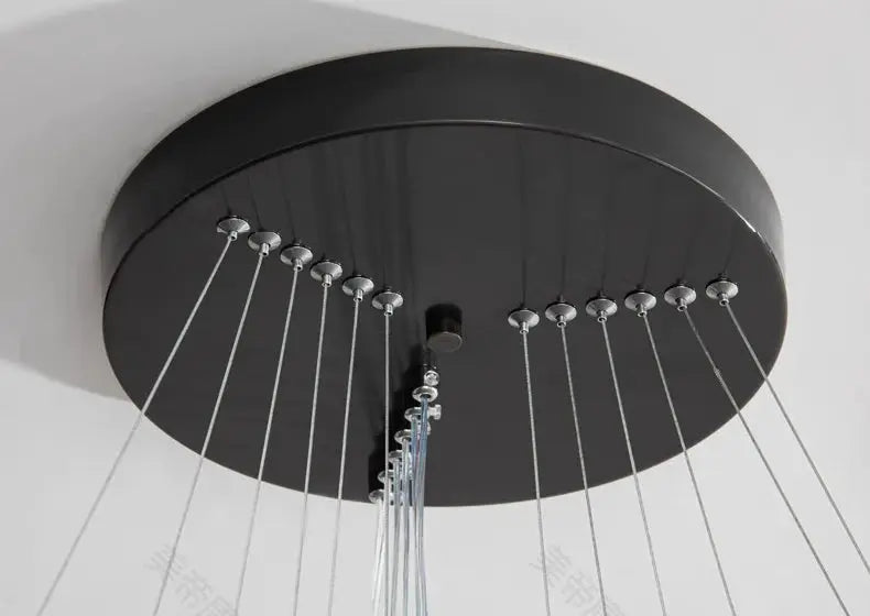 Simples Market black LED pendant light chandelier with multiple hanging cables for staircase and living room.