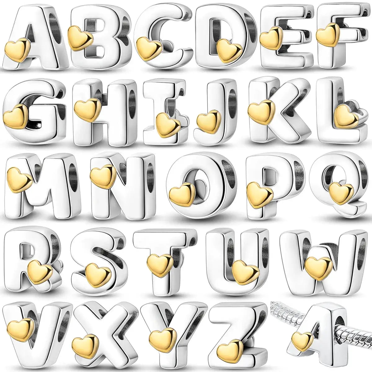 A-Z alphabet charm bangle bracelet in sterling silver with gold heart accents