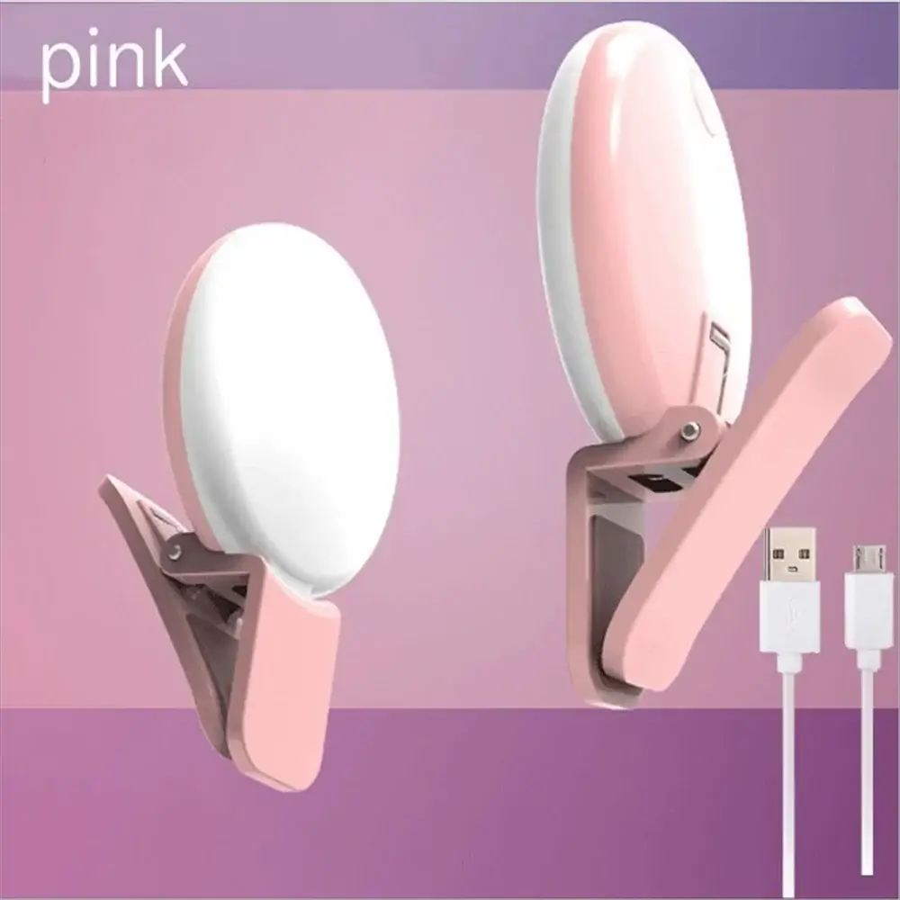 Pink clip-on portable LED selfie lights, 2-pack with USB cable for smartphones