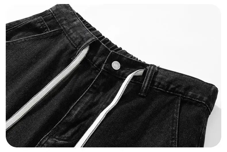 Simples Market men's denim shorts in black with white piping and waistband button detail