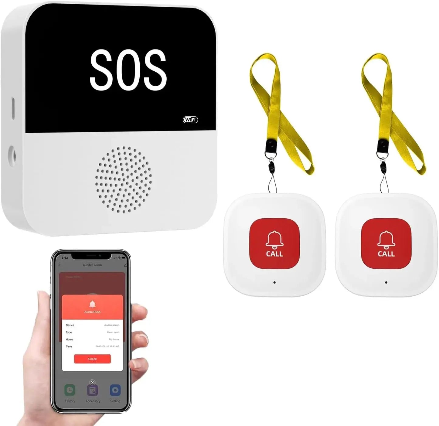 Wireless WiFi SOS medical alert system by Simples Market with base unit, two red call buttons on yellow lanyards, and app
