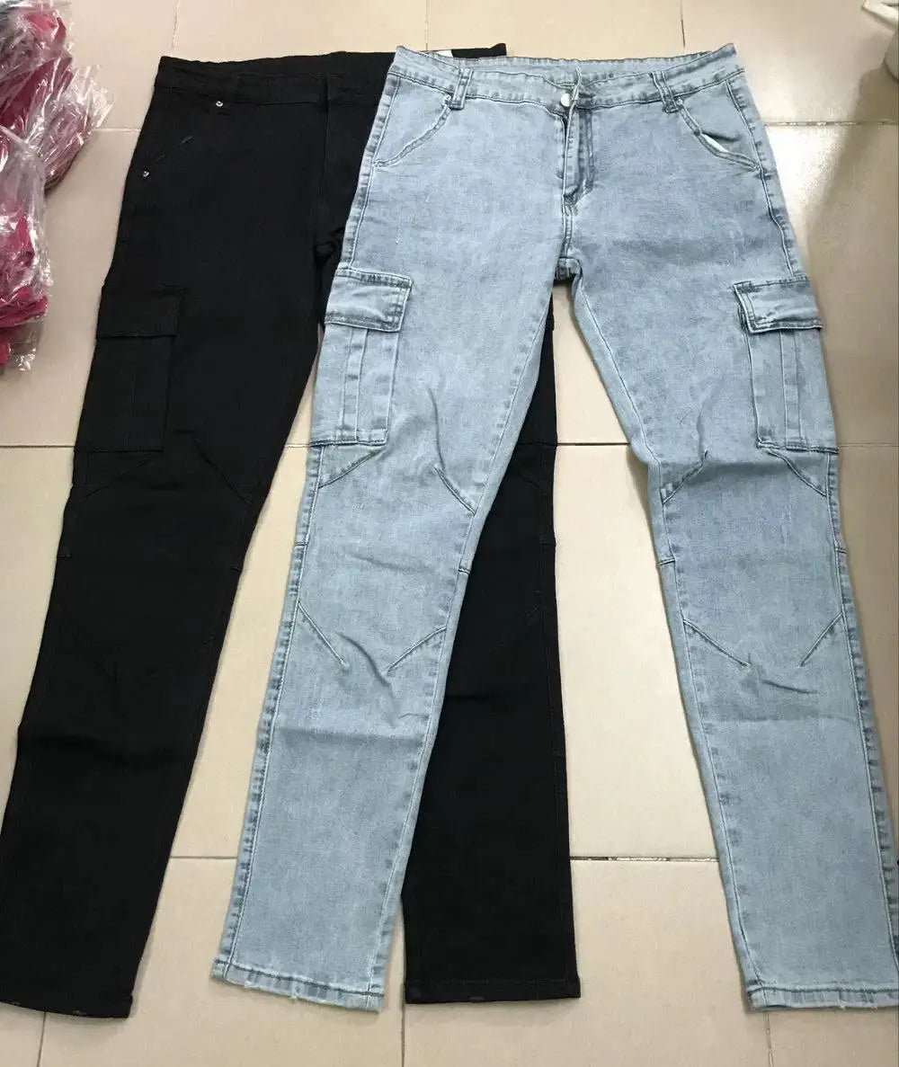 Street Elastic Jeans; men's denim cargo pants with multiple pockets in black and light wash (2 pairs shown)