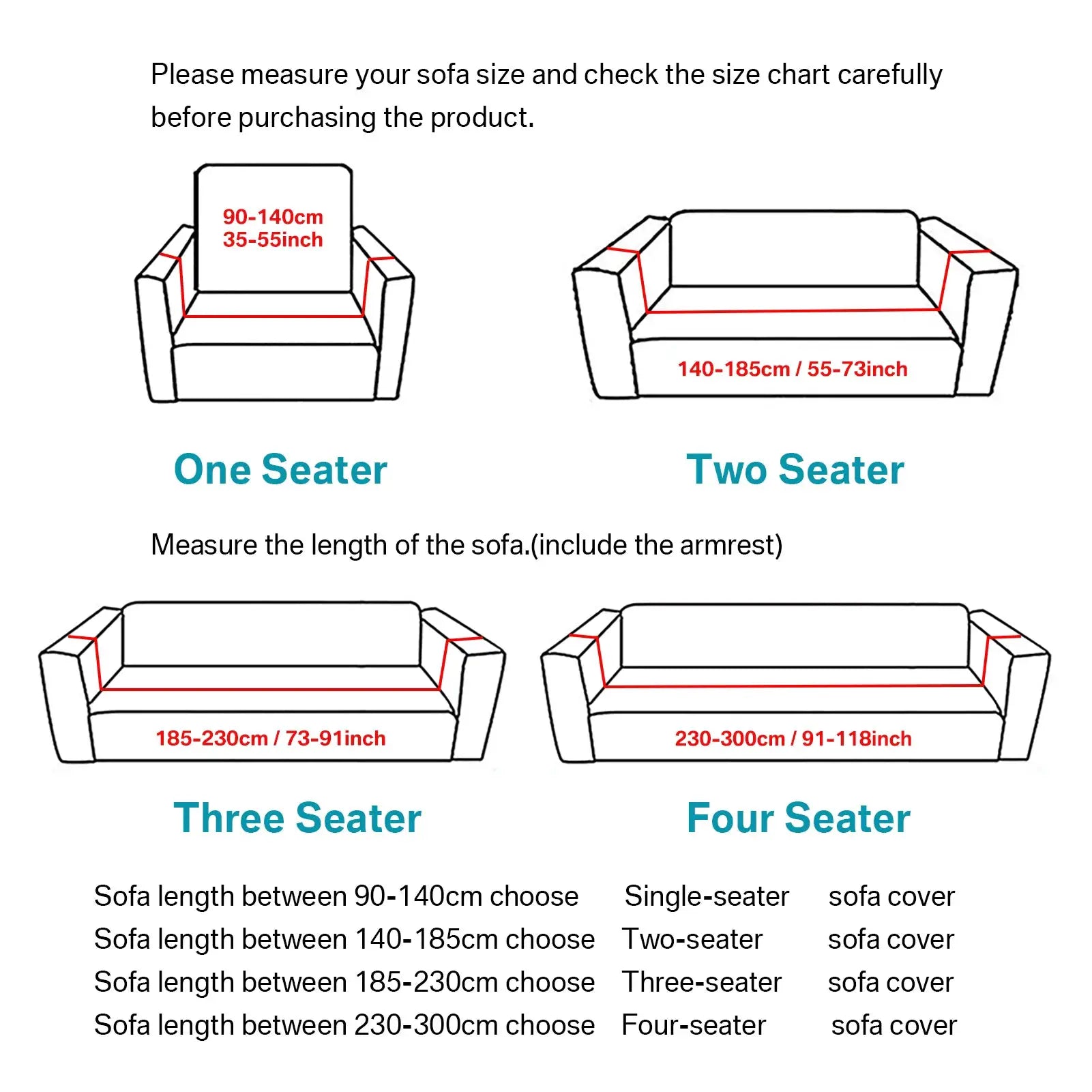 Joccun stretch couch cover size guide for 1–4 seat sofas: 90–140, 140–185, 185–230, 230–300 cm.