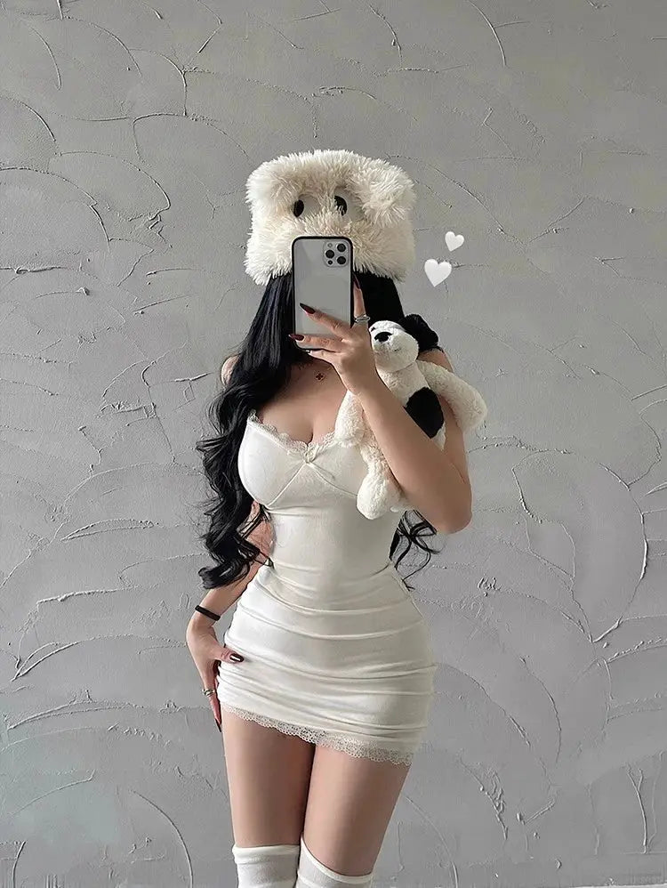 Y2K Retro Lace Patchwork Spaghetti Strap Black Bodycon Club Dress