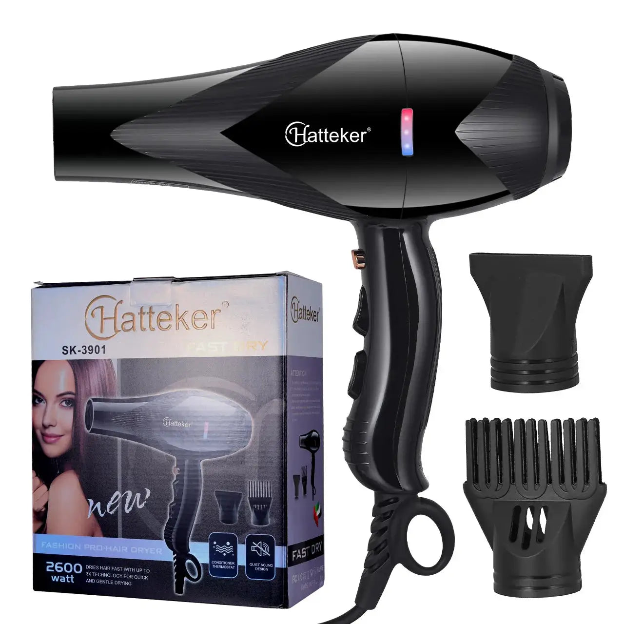 Hatteker 2600W professional hair dryer kit in black with 6 heat levels and attachments