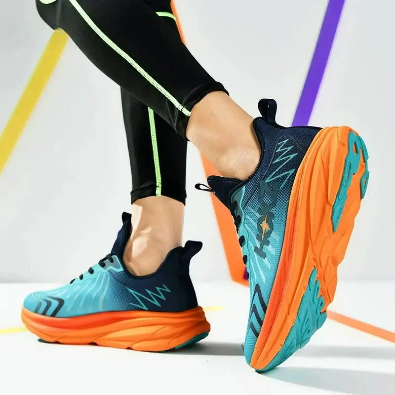 Men's classic cushion running shoes, pair, blue mesh upper with orange outsole