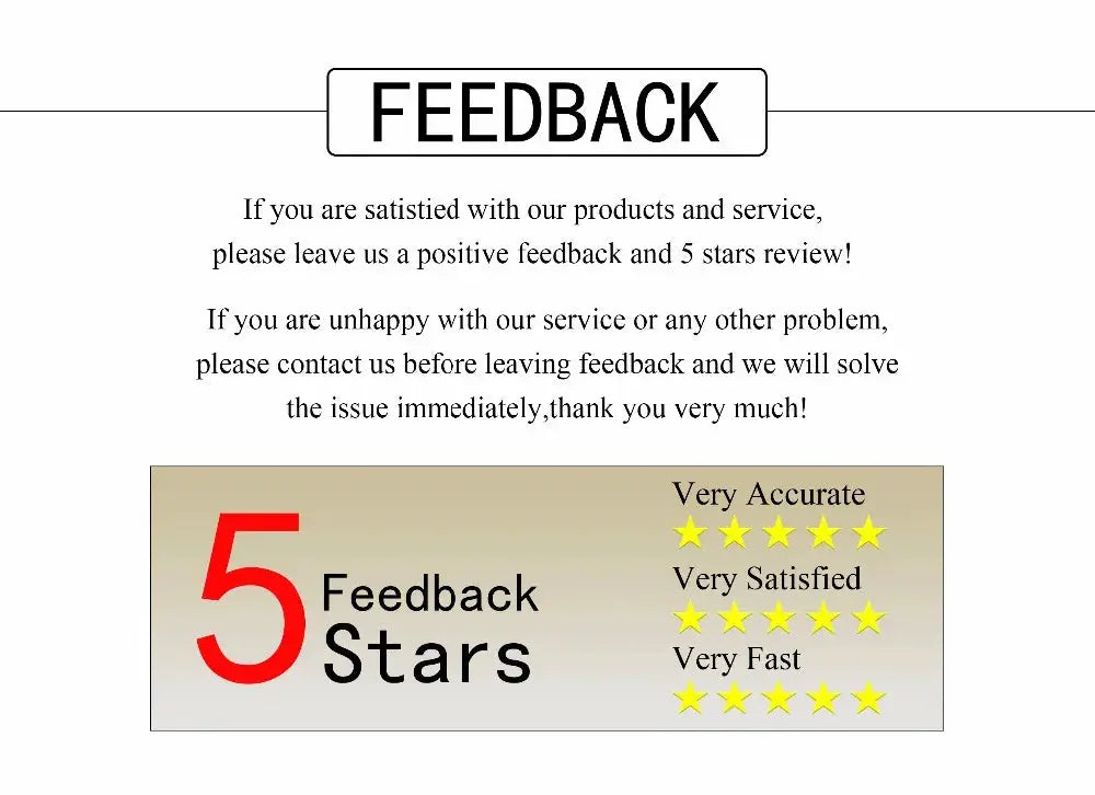 Feedback graphic with a large 5 Stars rating and the phrases Very Accurate, Very Satisfied, Very Fast.
