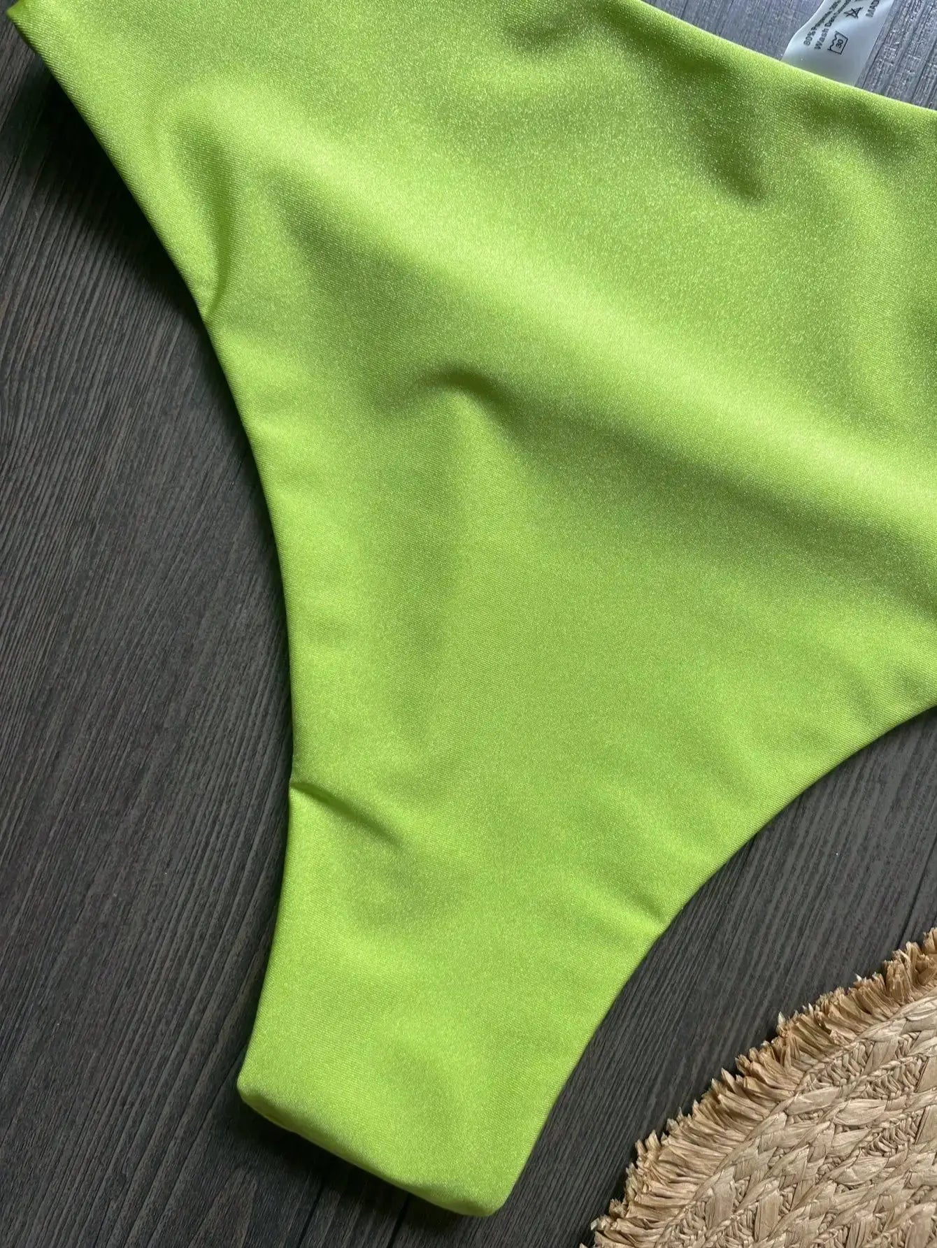 Simples Market lime green bandeau bikini fabric; shiny, stretchy swimsuit material