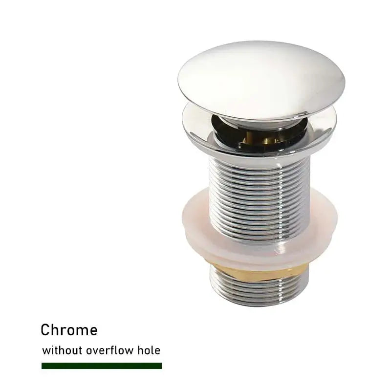 Chrome bathroom sink push-down pop-up drain with threaded metal body, without overflow hole.