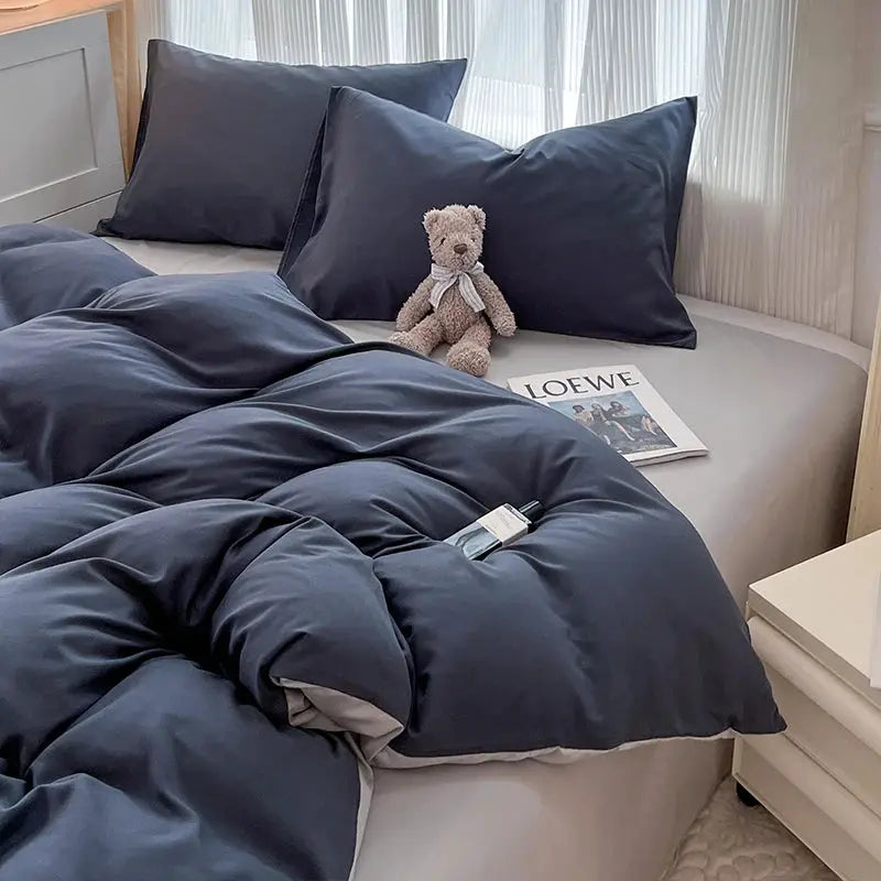 Simples Market navy blue soft brush-fabric 4-piece bed set with duvet cover, pillowcases, and bed sheet