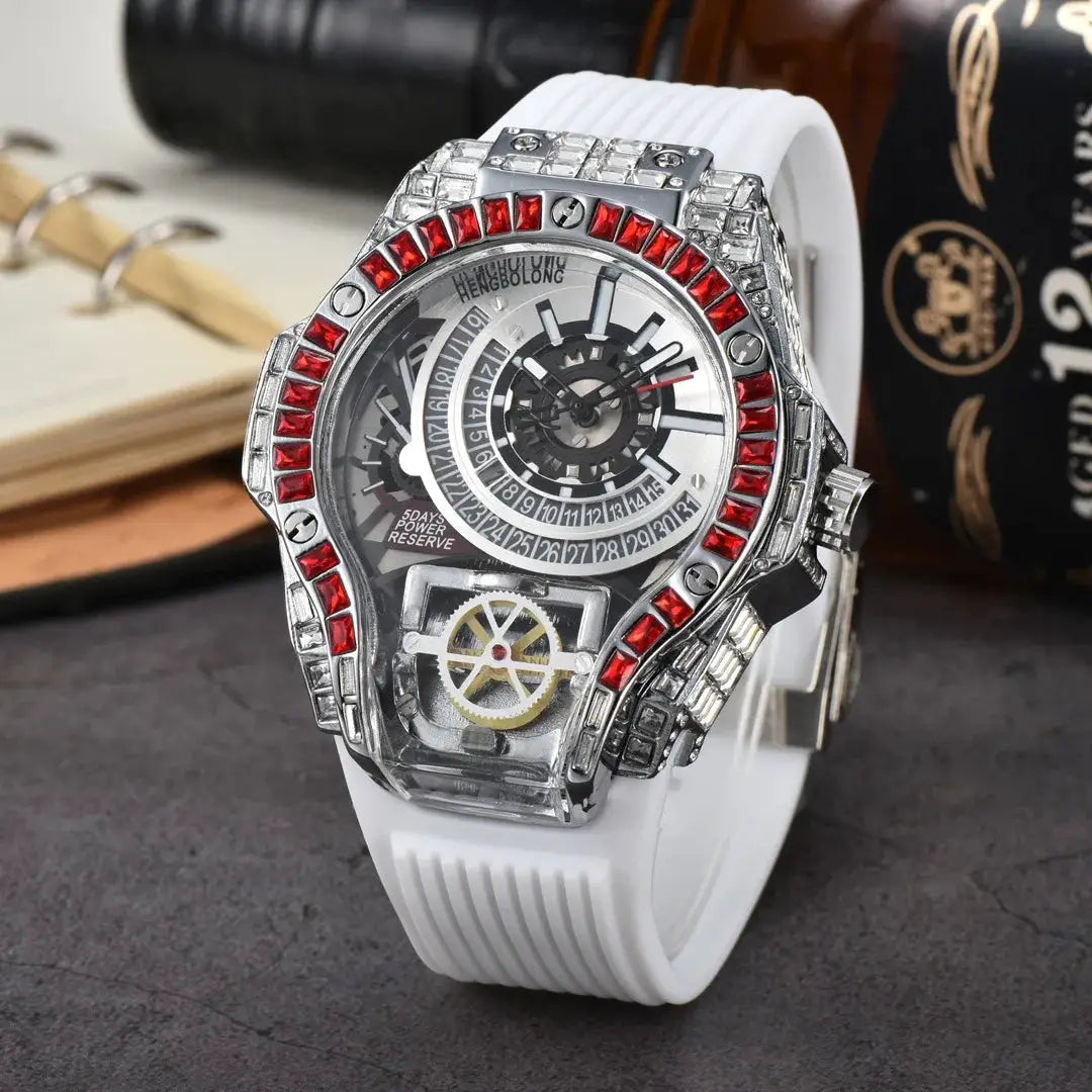 Simples Market men's luxury watch with white rubber strap, silver-tone case, red gemstone bezel