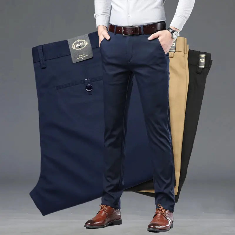 Men's slim-fit cotton suit pants by Simples Market, navy blue; 4-color set (navy/khaki/tan/black).