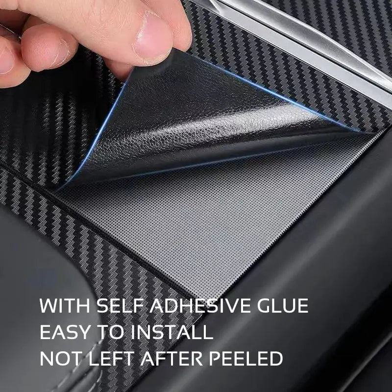Tesla Model 3 center console carbon fiber protector sticker with blue edge, self-adhesive for easy installation