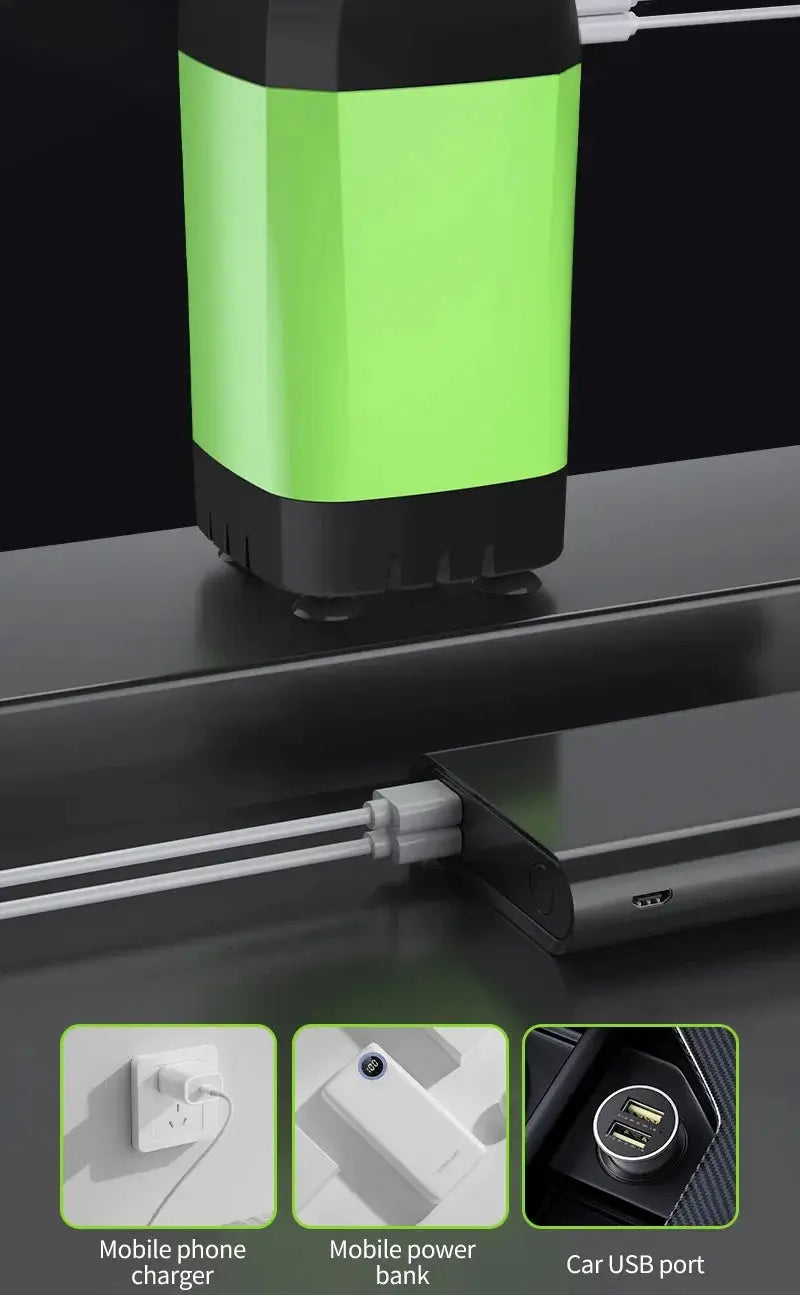 Camping shower pump kit with green and black unit, digital display, 6000mAh battery