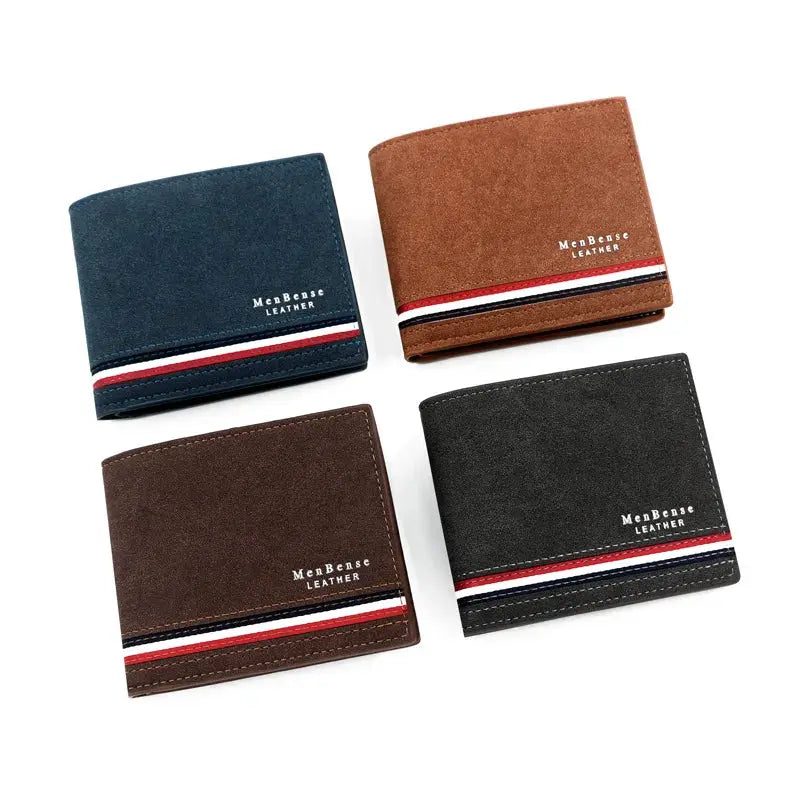 4 MenBense Leather wallets in blue, brown, tan and black with zipper coin pocket and striped trim