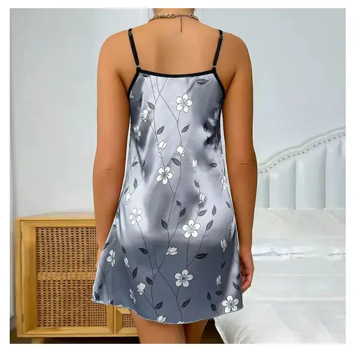 LuxeLoom Floral Satin Sleeveless Backless Nightgown For Summer Breathable Comfort Everyday Sleepwear