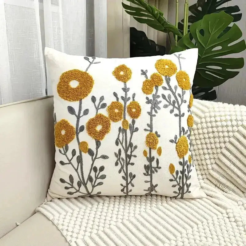 1pc Boho Floral Tufted Decorative Throw Pillow Cover, cotton, white with yellow tufted flowers and gray stems