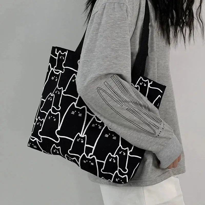 Kawaii Cat Cartoon Canvas Tote Bag For Women With Durable Zipper And Japanese Style Cat Pattern