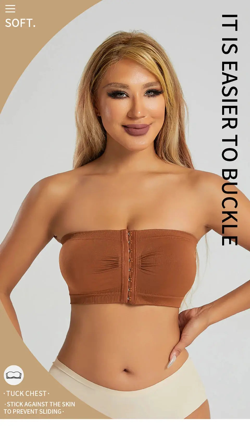 Women's plus-size strapless bandeau bra with front-closure, seamless wireless bralette in brown by Simples Market