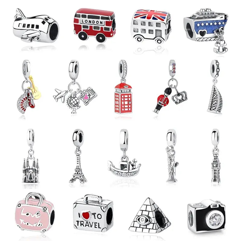 925 Sterling Silver Travel Theme Charms Beads London Bus Paris Suitcase Sam Panda Bracelets Necklaces Women DIY Jewelry