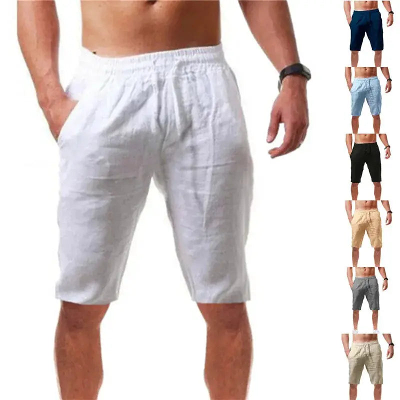 Men's cotton shorts by Simples Market, white breathable shorts with 8 color options shown.