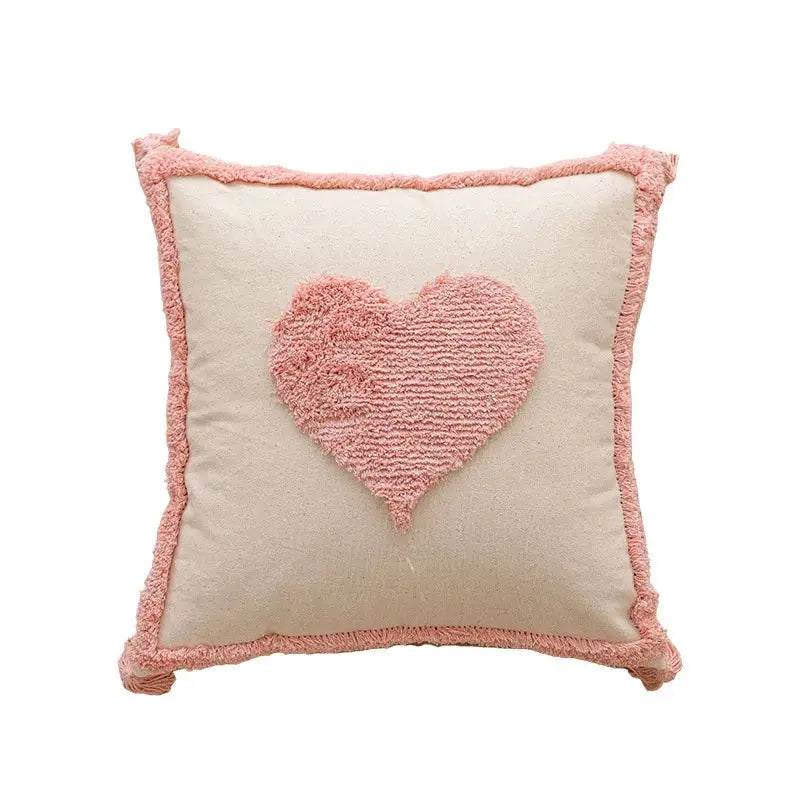 Pillow cover pink cotton tufted heart with tassel fringe by Simples Market