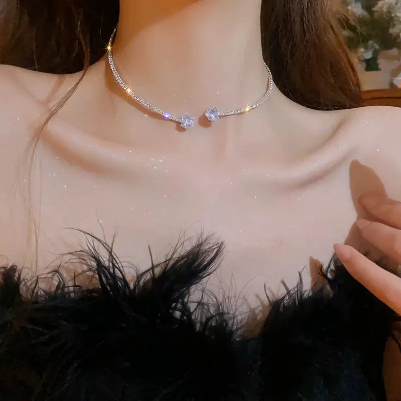 Zircon Double Layered Water Drop Heart Necklace Imitation Pearls Cross Wave Silver Tone Collarbone Pendant For Women